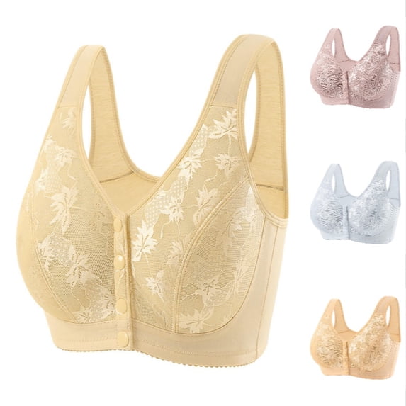 Xijirk Women Button‑fasten Front‑closure Bra with Wide Vest‑style Shoulder Loops Floral Lace Outer Layer Soft Wireless Build for Daily Outfit,Light Yellow,38