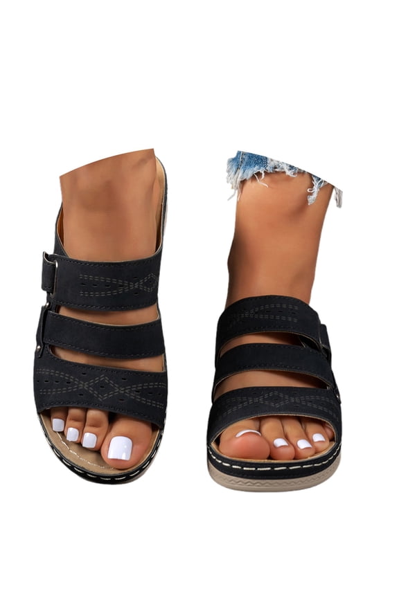 Women Casual Sandals Open Toe Mid Heels Fixed Design Thick Sole Comfort Build Women Sandals for Spring Summer Daily Outfits and Wear,Black,7