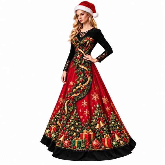 Xijirk Women Christmas Dress V Neck Lace Long Sleeve Gift Bell Holly ...