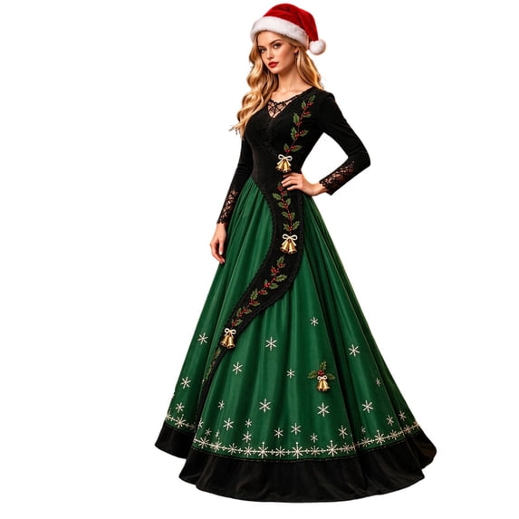 Xijirk Women Christmas Maxi Dress Long Lace Sleeve V Neck Bell Snowflake Print A Line Floor Length formal Party Gown,M