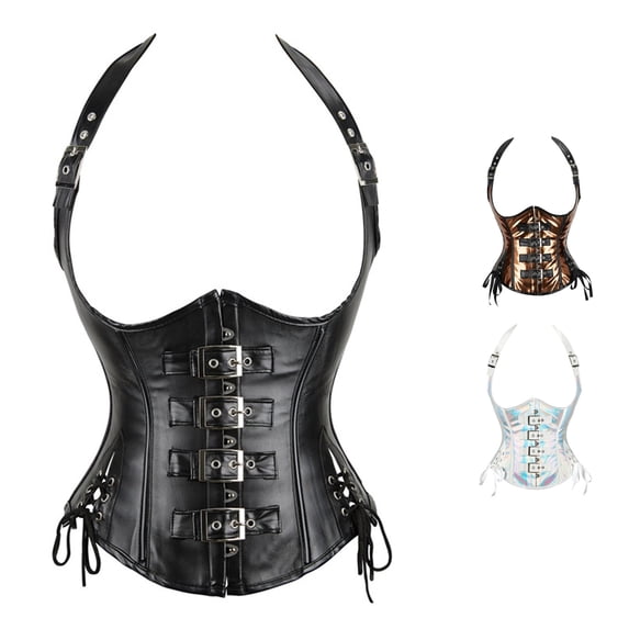 Xijirk Women Corset Waist Cincher Neck Strap Harness Style Multiple Front Buckle Fasteners Side Lace‑Up Detail Night Out,Black,XL