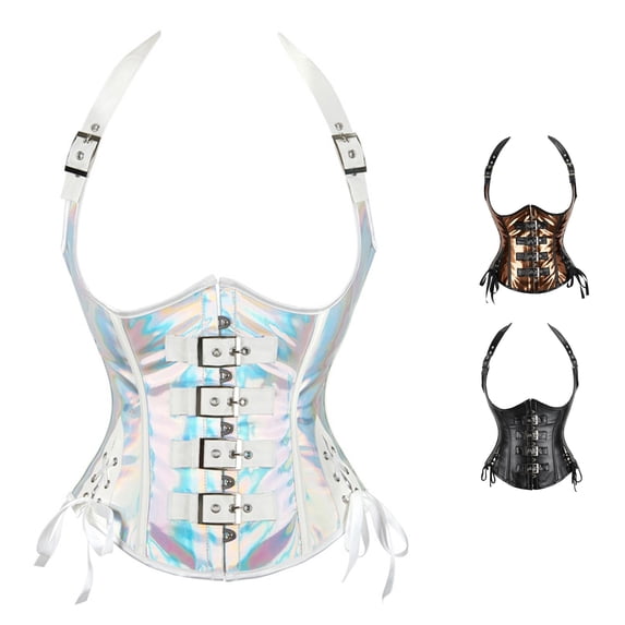 Xijirk Women Corset Waist Cincher Neck Strap Harness Style Multiple Front Buckle Fasteners Side Lace‑Up Detail Night Out,Silver,XL