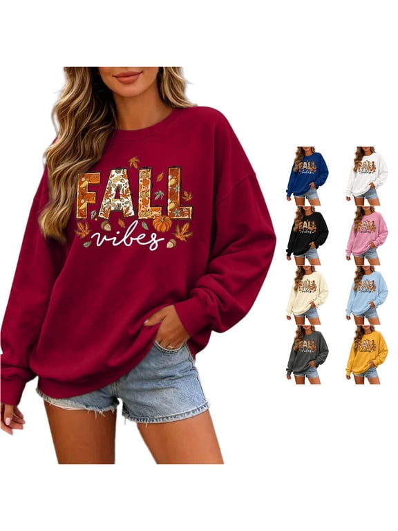 Xijirk Women Crew Neck Sweatshirt Long Sleeve Relaxed Drop‑Shoulder Fall Leaf Pumpkin Letter Print for Autumn Casual Loungewear Street Daily Wear,3Red,XL