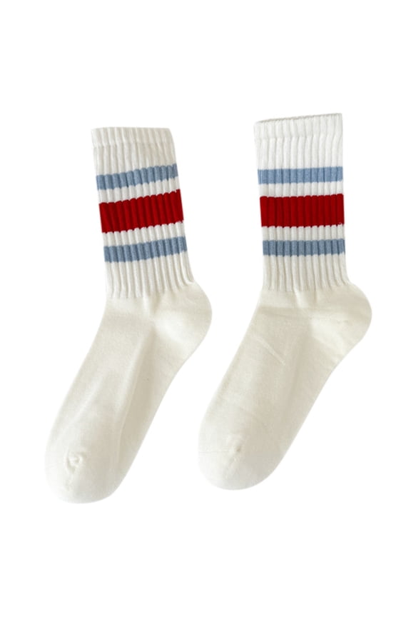 Xijirk Women Crew Socks with Triple Stripe Ribbed Knit Soft Breathable Stretch Fabric for Casual School Everyday Outfit Wear,Red,A