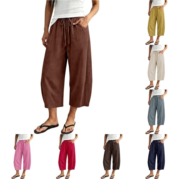 Xijirk Women Cropped Wide Leg Casual Pants with Elastic Adjustable Tie Waist Side Pockets Lightweight Breathable Soft Loose Cut Trousers for Daily Beach Home Outdoor Loungewear,2Brown,XL