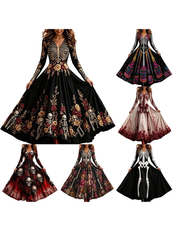 Xijirk Women Day Of The Dead Skeleton Floral Print Maxi Dress VâNeck Long Sleeve Fit and Flare AâLine for Halloween Cosplay Themed Party Fancy Dress Events,L