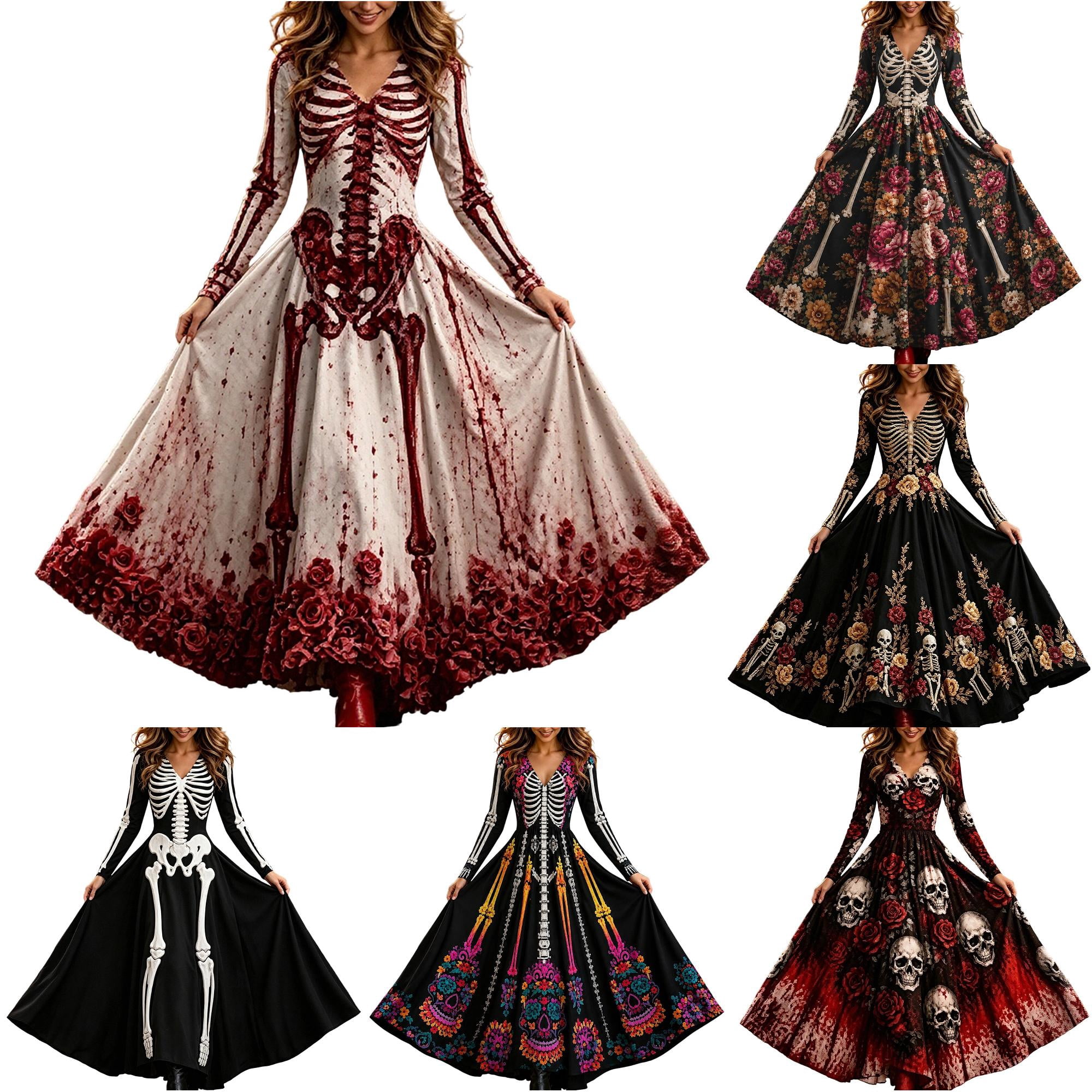 Xijirk Women Day Of The Dead Skeleton Floral Print Maxi Dress V‑Neck