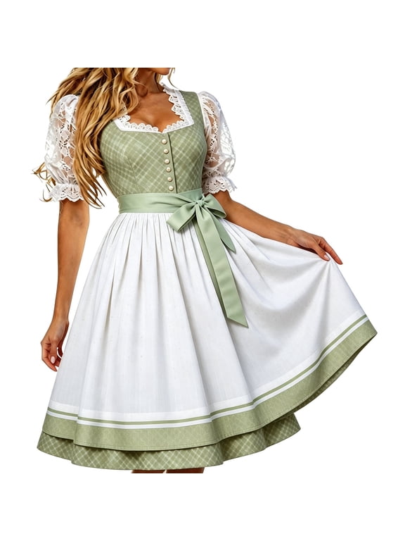 Xijirk Women Dirndl Dress Lace Puff Short Sleeve Square Neck Bow Sash Midi Layered Skirt for Oktoberfest Themed Party Festival Cosplay Events,XXL