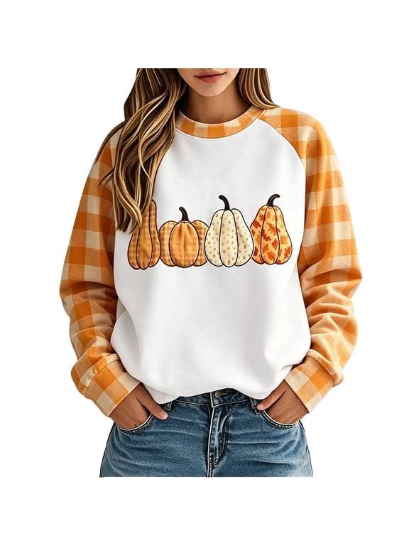Xijirk Women Fall Plaid Raglan Patchwork Pumpkin Graphic Crewneck Sweatshirt Long Sleeve Loose Pullover Casual Top for Autumn Holiday,M