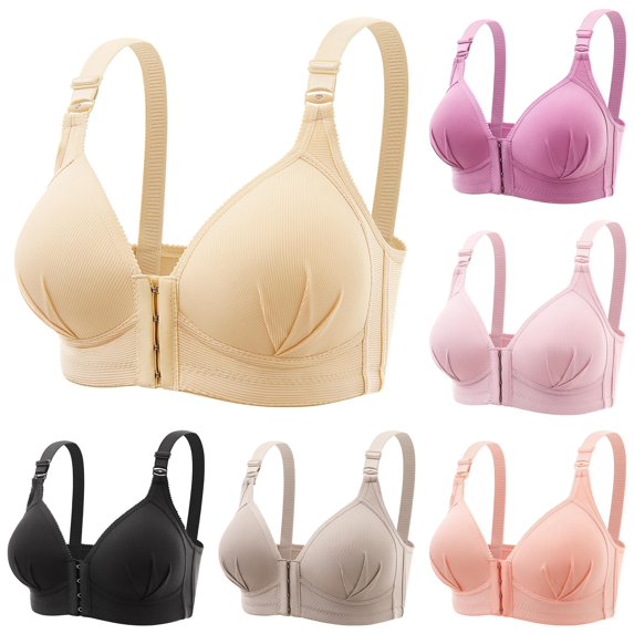 Xijirk Women Front Closure Ribbed Bra Wireless Padded Adjustable Wide Straps Comfort Bra for Daily Everyday Wear,A,46/105