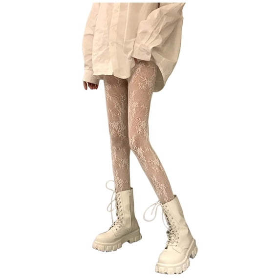 Xijirk Women Full Leg Floral Lace Fishnet Footed Pantyhose High Stretch See Through Mesh Hosiery Tights for Streetwear ic Dating Casual Outfit Wear,White,One Size