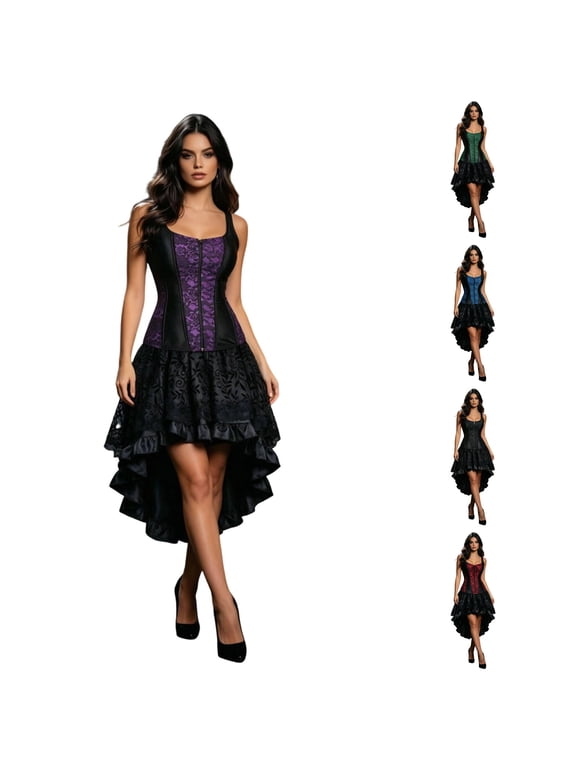 Xijirk Women Gothic Corset Dress Lace High Low Skirt Set for Halloween Cosplay Renaissance Party,S