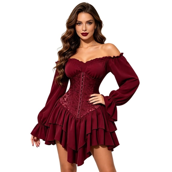 Ruffles Ofd Ress Xijirk Women Gothic Corset Mini Dress Off Shoulder Long Puff Sleeve ...