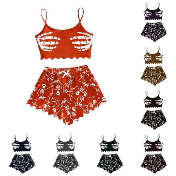 Xijirk Women Halloween Dancing Skeleton Printed Satin Pajama Set Spaghetti Strap Crop Cami Top and Shorts Loungewear for Sleepwear Holiday Party,Z03 Orange,S