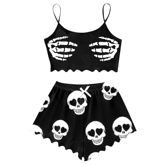 Xijirk Women Halloween Heart‑Eye Skull Printed Satin Pajama Set Spaghetti Strap Crop Cami Top and Shorts Loungewear for Sleepwear Holiday Party,Z04 Black,XXL