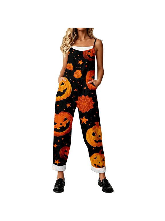 Xijirk Women Halloween Jack O Lantern Floral Star Print Overalls Tie Knot Shoulder Straps Loose Jumpsuit for Daily Outing Home Gathering Holiday Wear,S