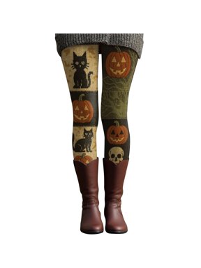 Xijirk Women Halloween Leggings Vintage Patchwork Print with Black Cat Pumpkin Skull High Waist Stretch Pants for Holiday Cosplay