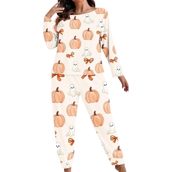 Xijirk Women Halloween Pajama Set Long Sleeve Boat Neck Top with Jogger Pants Pumpkin Ghost Bow Print Loungewear for Sleepwear and Holiday Party,Beige,XXL
