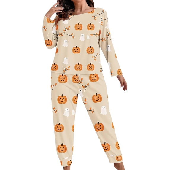 Xijirk Women Halloween Pajama Set Long Sleeve Boat Neck Top with Jogger Pants Pumpkin Ghost Leaf Print Loungewear for Sleepwear and Holiday Party,Khaki,3XL