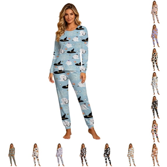 Xijirk Women Halloween Pajama Set Long Sleeve Crew Neck Top with Jogger Pants Assorted Halloween Element Print Loungewear for Sleepwear and Holiday Party,Multicolour4,3XL