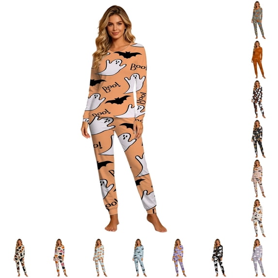 Xijirk Women Halloween Pajama Set Long Sleeve Crew Neck Top with Jogger Pants Assorted Halloween Element Print Loungewear for Sleepwear and Holiday Party,White2,XXL