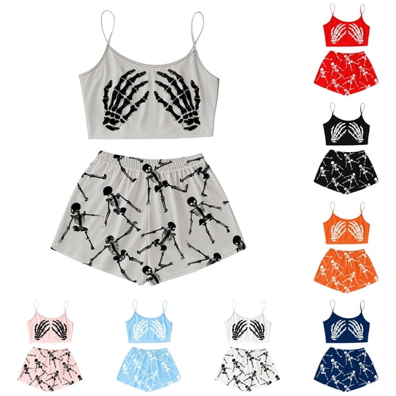 Xijirk Women Halloween Pajama Set Spaghetti Strap Crop Top with Shorts Skeleton Hand Print Loungewear for Sleepwear and Holiday Party,Grey,XL
