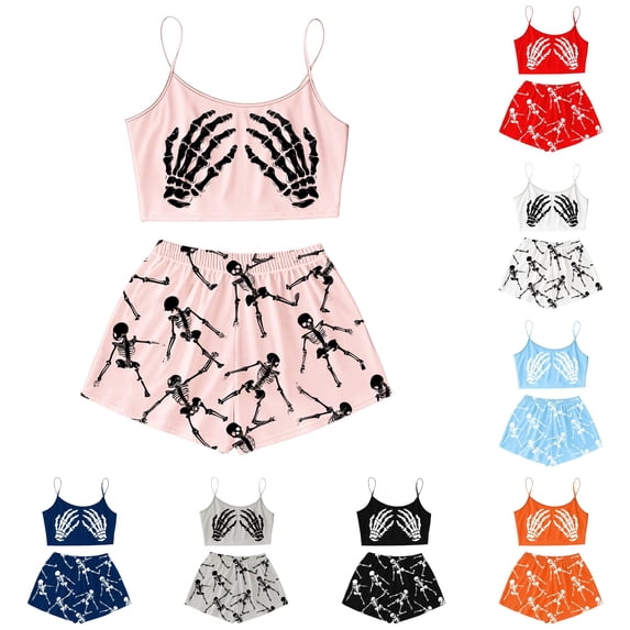 Xijirk Women Halloween Pajama Set Spaghetti Strap Crop Top with Shorts Skeleton Hand Print Loungewear for Sleepwear and Holiday Party,Pink,XXL