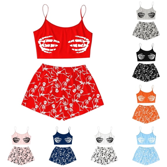 Xijirk Women Halloween Pajama Set Spaghetti Strap Crop Top with Shorts Skeleton Hand Print Loungewear for Sleepwear and Holiday Party,Red,S