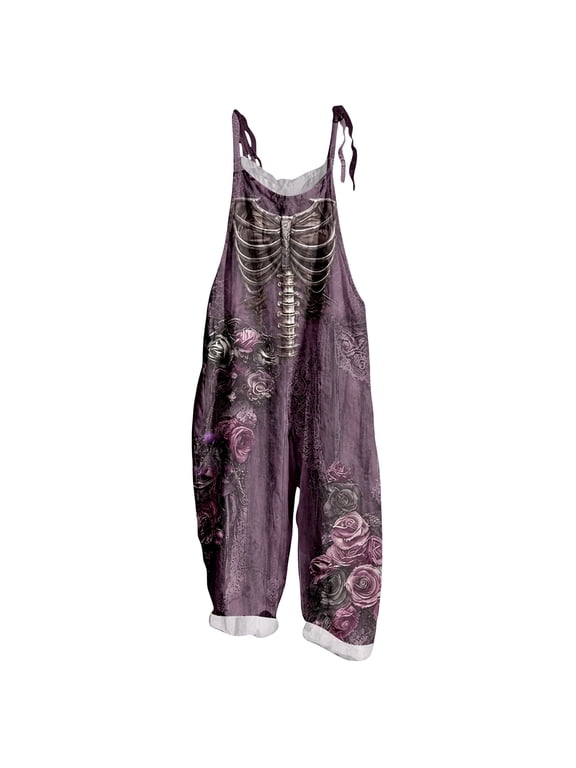 Xijirk Women Halloween Ribcage Skeleton Rose Lace Print Overalls Adjustable Tie Straps Loose Fit Rolled Hem Jumpsuit for Casual Outing Gathering ,XL
