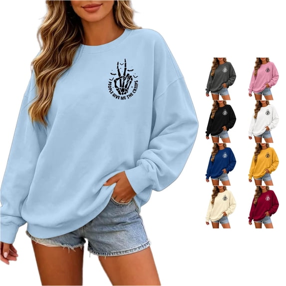 Xijirk Women Halloween Skeleton Hand Graphic Crew Neck Sweatshirt Long Sleeve Loose Pullover Top for Daily Holiday Wear,Z01 Light Blue,S