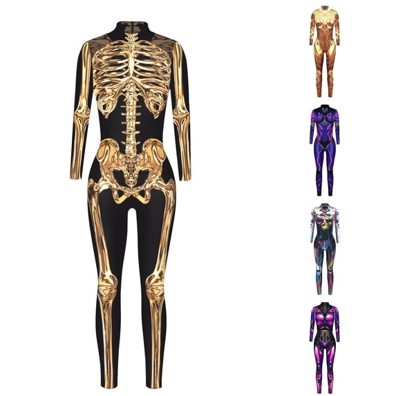 Xijirk Women Halloween Skeleton Print Long Sleeve Zip Bodysuit form Fitting Jumpsuit for Cosplay Dress Up Party Costume,Black,L
