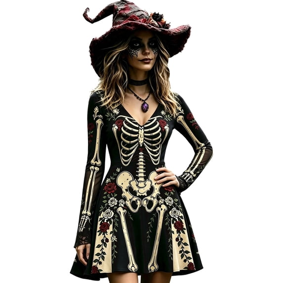 Xijirk Women Halloween Skeleton Rose Print Dress with V Neck Long Mesh Flare Sleeve Fit and Flare Mini Dress for Witch Cosplay Halloween Party