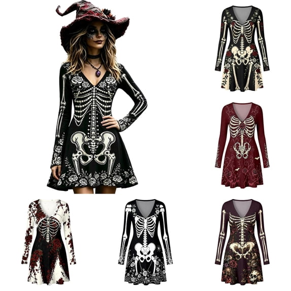 Xijirk Women Halloween Skeleton Rose Print Dress with V Neck Long Mesh Flare Sleeve Fit and Flare Mini Dress for Witch Cosplay Halloween Party