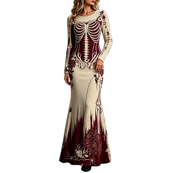 Xijirk Women Halloween Skeleton Rose Printed Maxi Dress Long Sleeve Crewneck Fitted Floor Length Outfit for Evening Party Themed Occasion,5XL