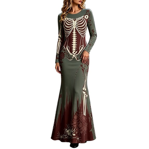 Xijirk Women Halloween Skeleton Rose Printed Maxi Dress Long Sleeve Crewneck Fitted Floor Length Outfit for Evening Party Themed Occasion,5XL