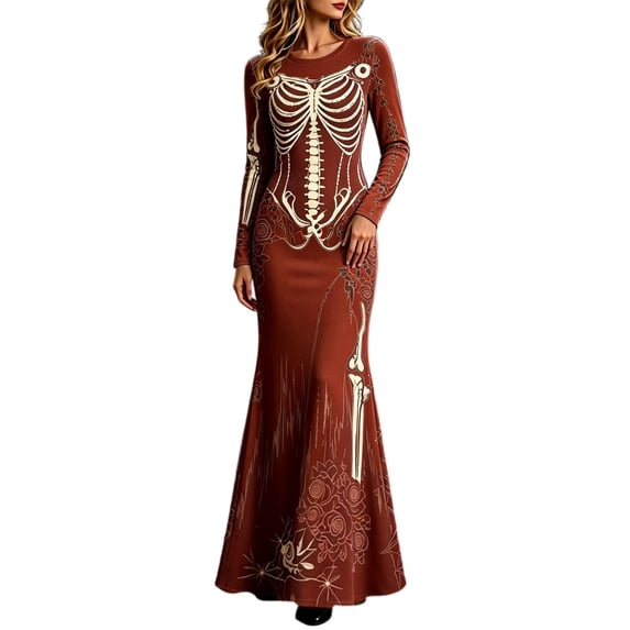 Xijirk Women Halloween Skeleton Rose Printed Maxi Dress Long Sleeve Crewneck Fitted Floor Length Outfit for Evening Party Themed Occasion,5XL