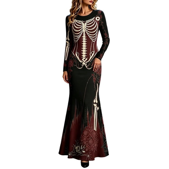 Xijirk Women Halloween Skeleton Rose Printed Maxi Dress Long Sleeve Crewneck Fitted Floor Length Outfit for Evening Party Themed Occasion,L