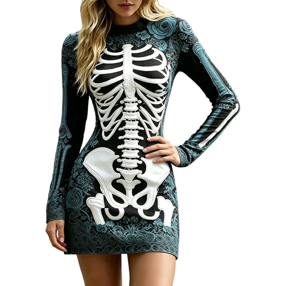Xijirk Women Halloween Skeleton Rose Printed Mini Dress Long Sleeve Neck Bodycon Lace Outfit for Cosplay Party Festival Casual Gathering Wear,L