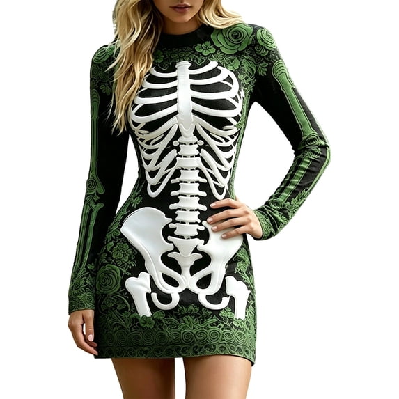 Xijirk Women Halloween Skeleton Rose Printed Mini Dress Long Sleeve Neck Bodycon Lace Outfit for Cosplay Party Festival Casual Gathering Wear,S