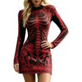 thumbnail image 1 of Xijirk Women Halloween Skeleton Rose Printed Mini Dress Long Sleeve Neck Bodycon Lace Outfit for Cosplay Party Festival Casual Gathering Wear,XXL, 1 of 5