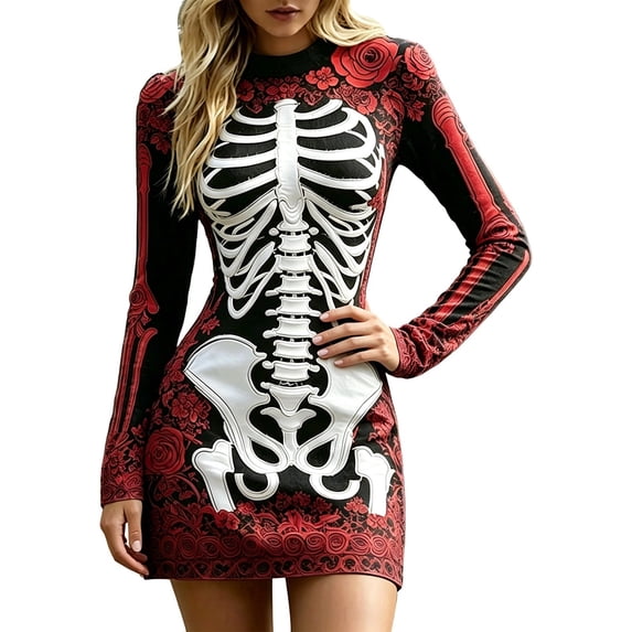 Xijirk Women Halloween Skeleton Rose Printed Mini Dress Long Sleeve Neck Bodycon Lace Outfit for Cosplay Party Festival Casual Gathering Wear,XXL