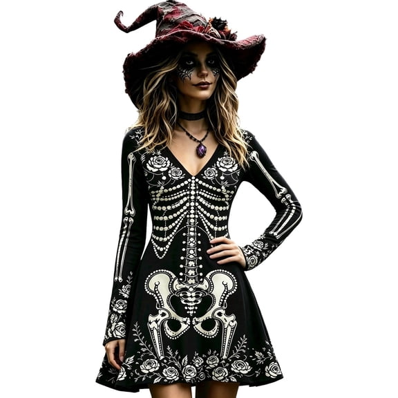 Xijirk Women Halloween Skeleton Rose Printed Mini Dress Long Sleeve V Neck Flared A Line Outfit for Cosplay Party Festival Casual Gathering Wear,L