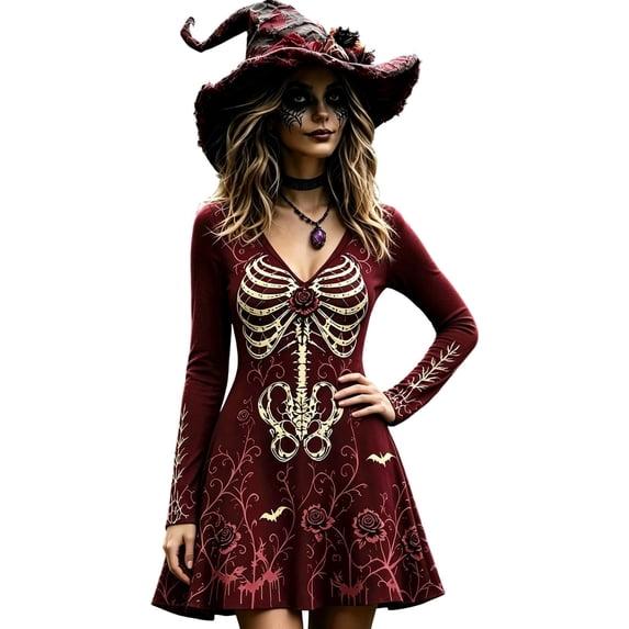 Miniature Roses Printable Xijirk Women Halloween Skeleton Rose Printed Mini Dress Long Sleeve V ...