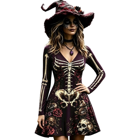 Miniature Roses Printable Xijirk Women Halloween Skeleton Rose Printed Mini Dress Long Sleeve V ...