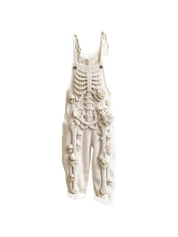 Xijirk Women Halloween Skeleton Skull Floral Overalls Adjustable Tie Straps Loose Fit Rolled Hem Jumpsuit for Casual Outing Gathering ,3XL