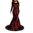 thumbnail image 1 of Xijirk Women Halloween Skull Rose Embroidered Maxi Dress Long Sleeve Round Neck Velvet Trailing Hem Outfit for Cosplay Party Festival Casual Gathering Wear,XL, 1 of 4