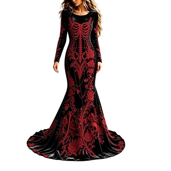 Xijirk Women Halloween Skull Rose Embroidered Maxi Dress Long Sleeve Round Neck Velvet Trailing Hem Outfit for Cosplay Party Festival Casual Gathering Wear,XL