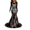 thumbnail image 1 of Xijirk Women Halloween Skull Rose Embroidered Maxi Dress Long Sleeve Round Neck Velvet Trailing Hem Outfit for Cosplay Party Festival Casual Gathering Wear,M, 1 of 4
