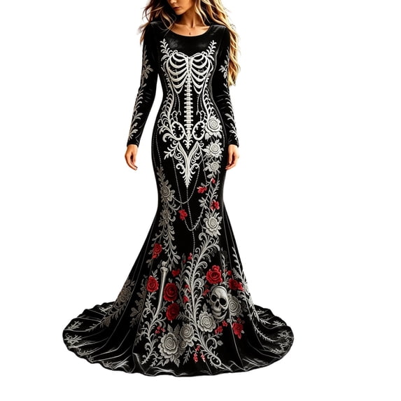 Xijirk Women Halloween Skull Rose Embroidered Maxi Dress Long Sleeve Round Neck Velvet Trailing Hem Outfit for Cosplay Party Festival Casual Gathering Wear,M