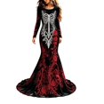 thumbnail image 1 of Xijirk Women Halloween Skull Rose Embroidered Maxi Dress Long Sleeve Round Neck Velvet Trailing Hem Outfit for Cosplay Party Festival Casual Gathering Wear,XL, 1 of 4